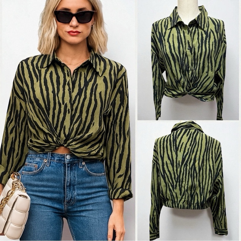 406 ZARA | NWOT Turkey Green & Black Zebra Print Twist Front Blouse (Size S)
